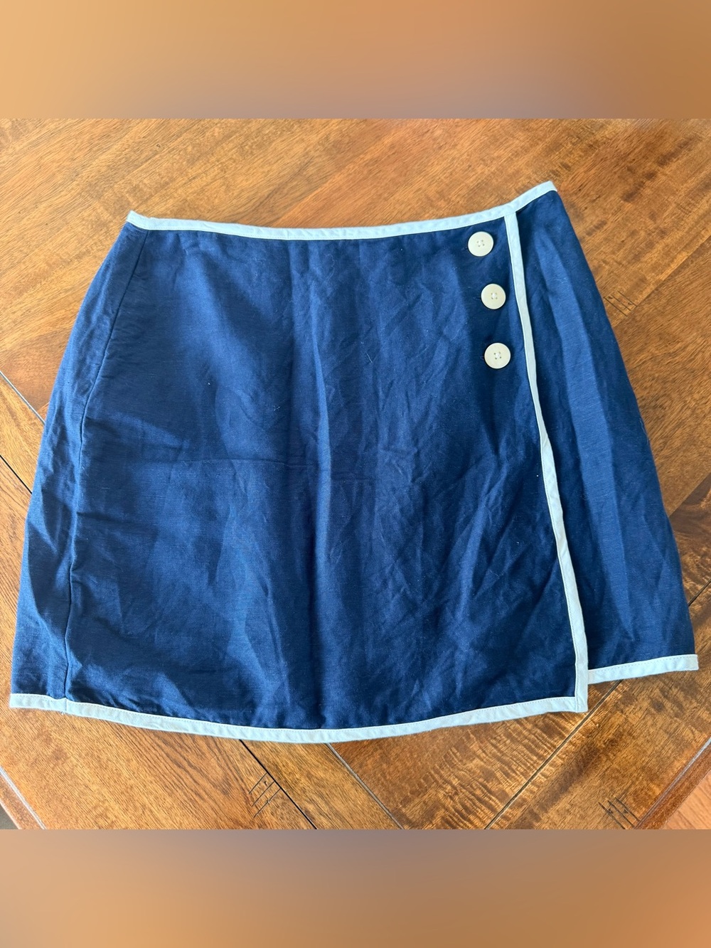 LOFT Navy linen Blend Wrap Skirt with white Trim